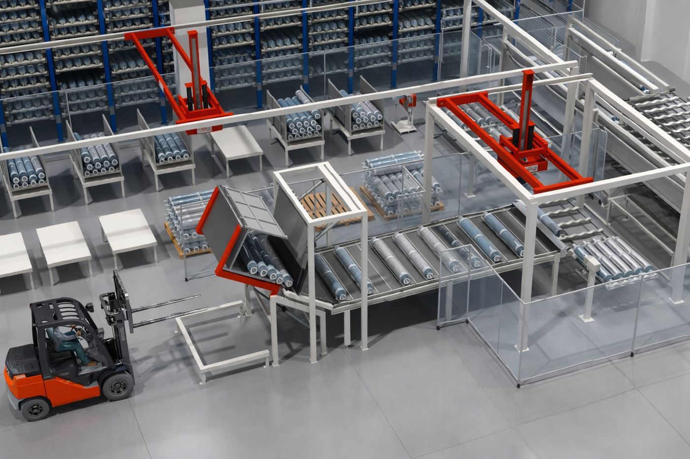 Fabric roll warehouse with automated handling lanes