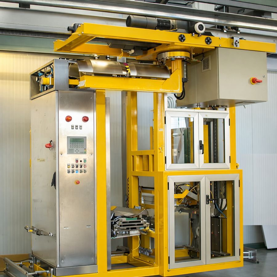 Fiberglass doffing robot serving revolving winders